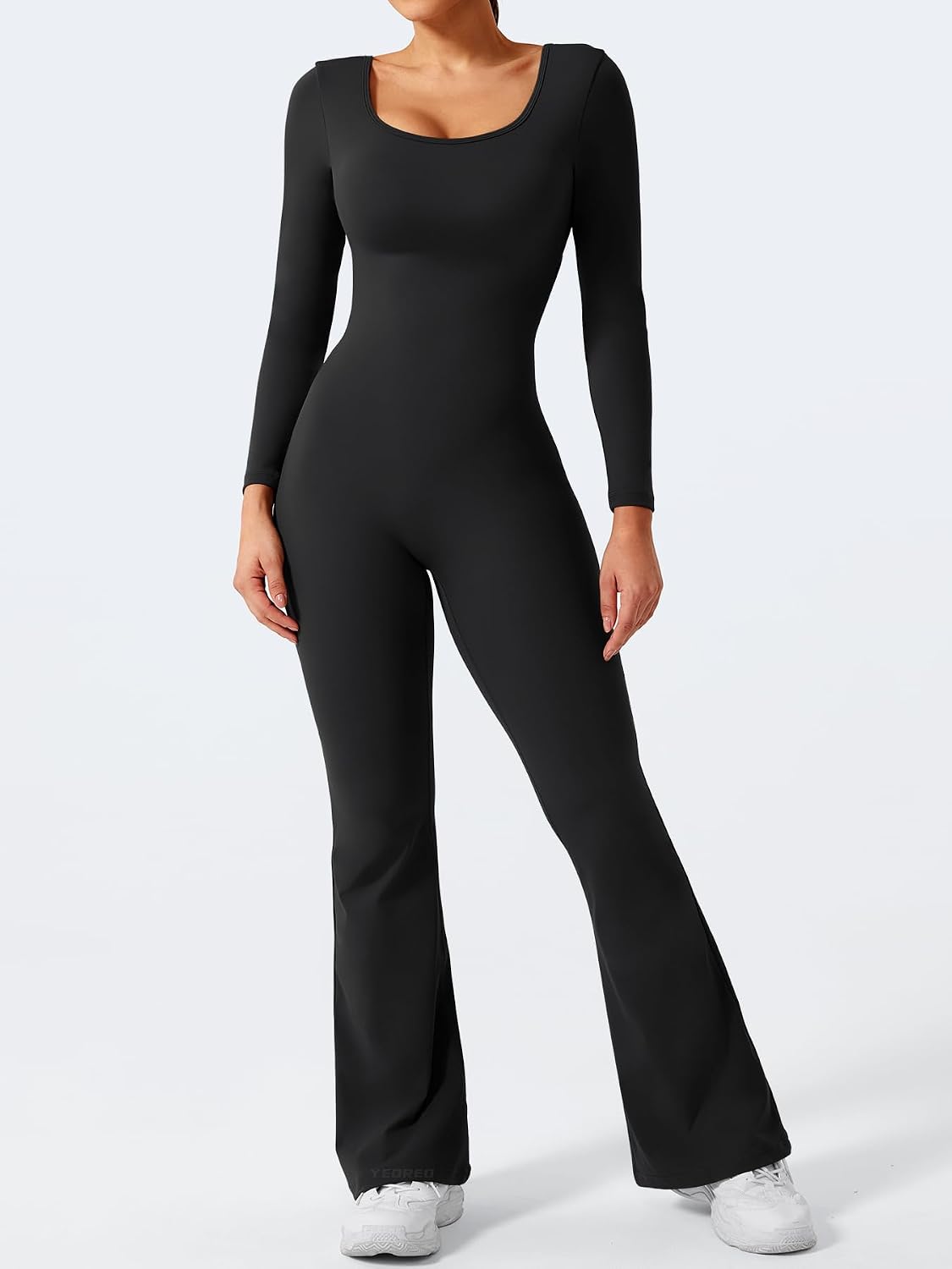 One Piece Wide Leg Jumpsuits for Women Workout Long Sleeve Backless Flare Jumpsuit Scrunch V Back Yoga Romper - Image 2