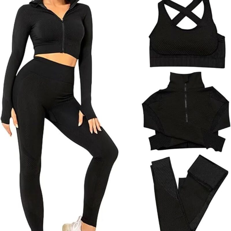 Women 3 PC Seamless Gym Clothing Workout Outfit with Jacket Bra & Leggings Set