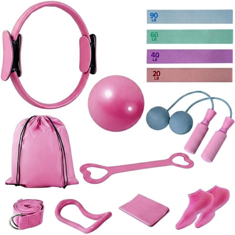 Home Pilates Kit for Women, Workout Set with 12.9" Ring, 9.8" Mini Ball, 4 Fabric Bands, Figure-8 Band, Stretch Band, D-Ring Strap, Cordless Jump Rope, Socks, Carry Bag