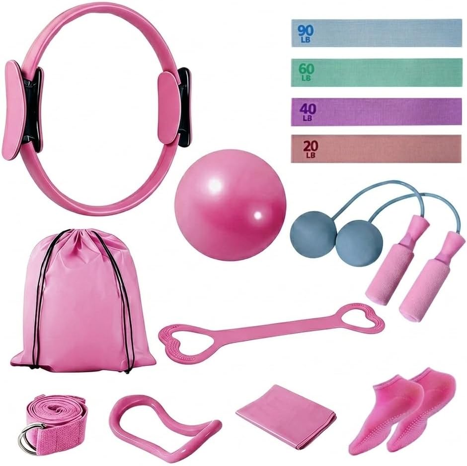 Home Pilates Kit for Women, Workout Set with 12.9" Ring, 9.8" Mini Ball, 4 Fabric Bands, Figure-8 Band, Stretch Band, D-Ring Strap, Cordless Jump Rope, Socks, Carry Bag