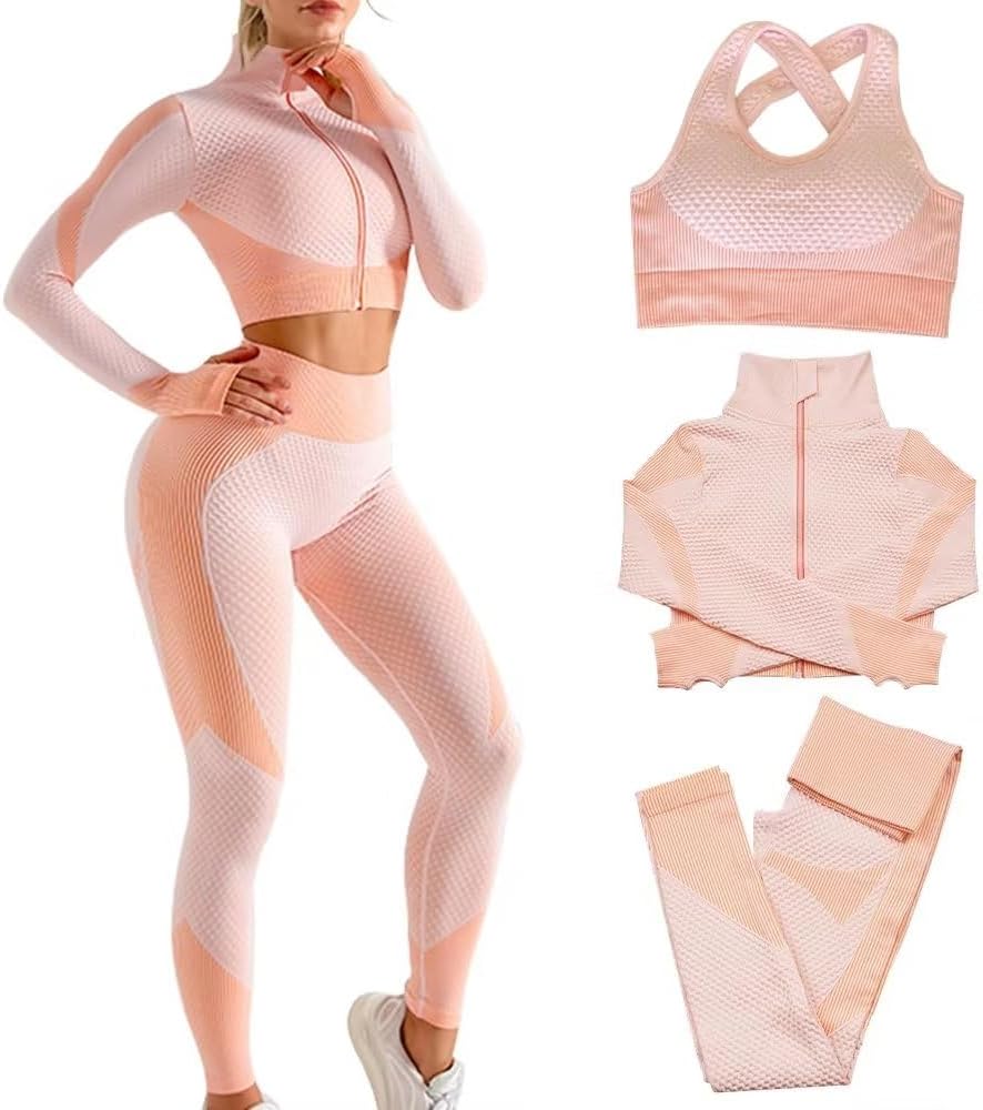 Women 3pcs Seamless Workout Outfits Sets, Yoga Sportswear Tracksuit Leggings and Stretch Sports Bra Fitness