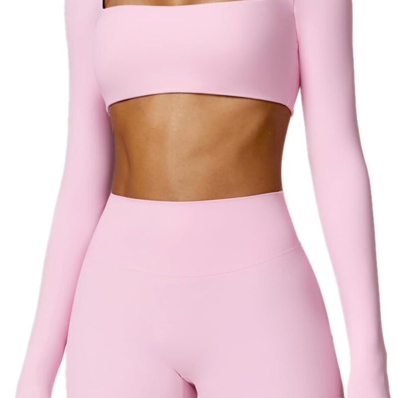 Workout Sets for Women 2 Piece Square Neck Long Sleeve Crop Tops High Waist Biker Shorts Gym Sets