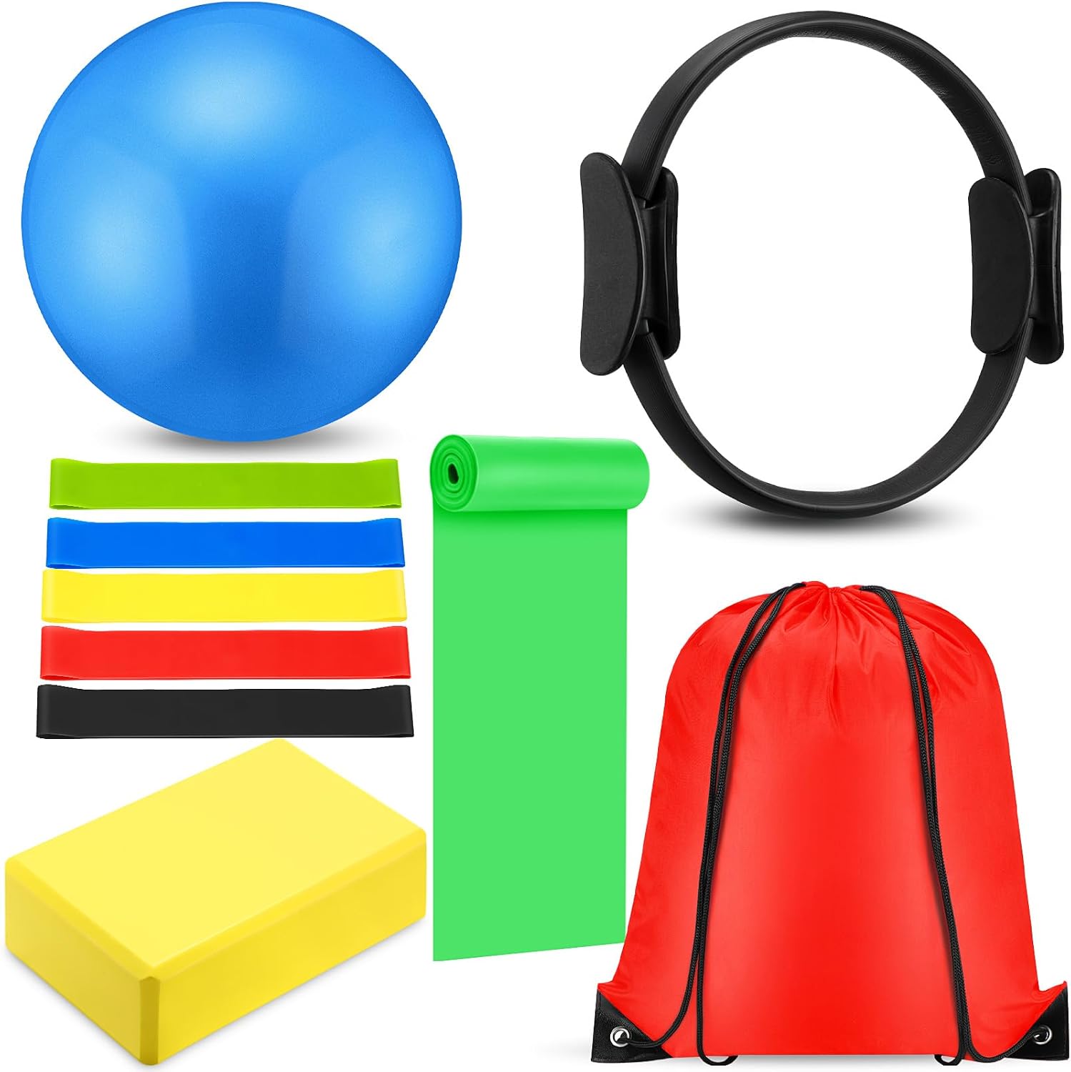 10 Pcs Pilates Ring Blocks Set for Women Home Yoga Equipment Accessories Pilates Ring Circle and Ball Workouts Gift Include Ball Yoga Circle Resistance Bands Block Straps Gym Bag