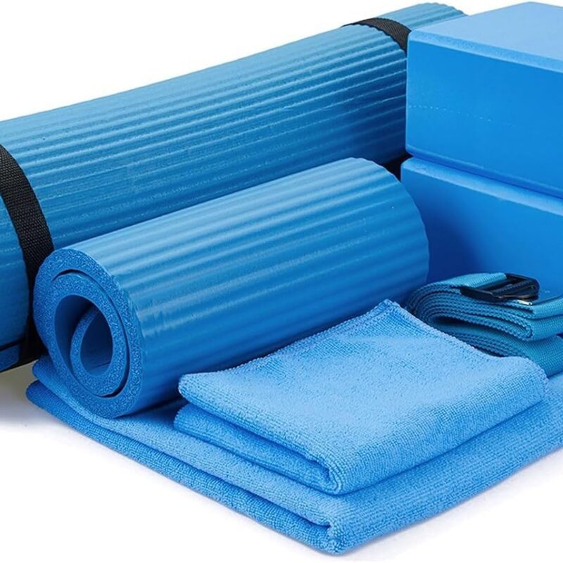 7-Piece Yoga Set with 71x24x0.5 Inches Extra Thick Mat and Carrying Sling – Includes 2 Blocks, Stretch Strap, 2 Towels, and Knee Pad for Home, Studio, and Gym Workouts