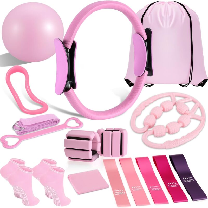Pilates Ring and Ball Set, Home Pilates Equipment for Women with Resistance Bands, 12'' Magic Circle, 9.8'' Ball, for Strength, Toning and Flexibility, Fitness Essentials Starter Accessories