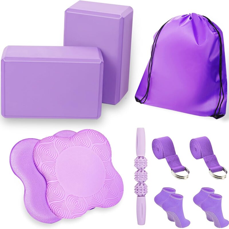 2 Yoga Blocks Supportive Accessories including 2 Knee Pads, 2 With Strap To Put Less Weight On Wrists, 1 Muscle Massage Roller, 2 Pair of Non-Slip Pilates Socks, 1 GYM Bag, Durable Versatile Yoga Brick Exercise Set of 10