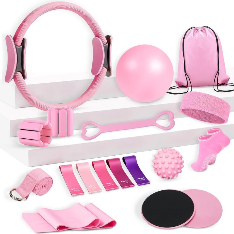 Pilates Kit, Pilates Equipment for Home Workout, Pilates Ring, Pilates Ball, Resistance Band, Yoga Strap, Massage Ball, Wrist/Ankle Weights, Socks for Women Gym Sets, at Home Pilates Kit Gym Sets