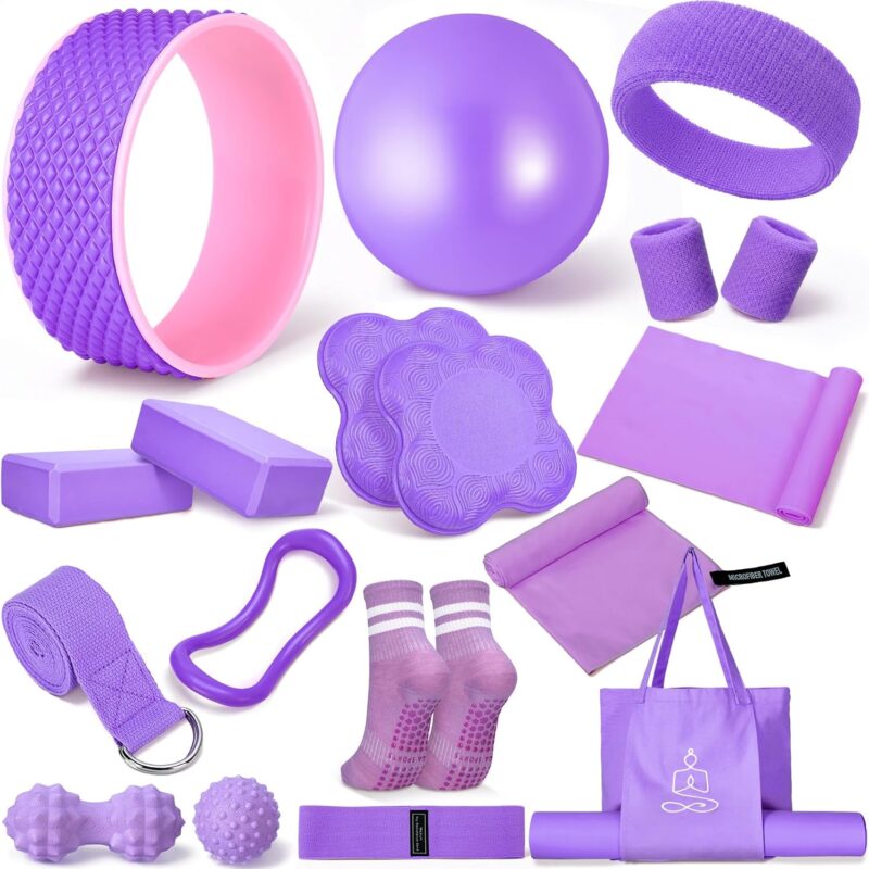 17 Pcs Yoga Essential Kit for Women, Pilates Equipment Starter Set for Beginners with Yoga Wheel Ball Blocks Strap Resistance Bands Wrist Rings Socks Towel & Carry Bag for Home Workouts
