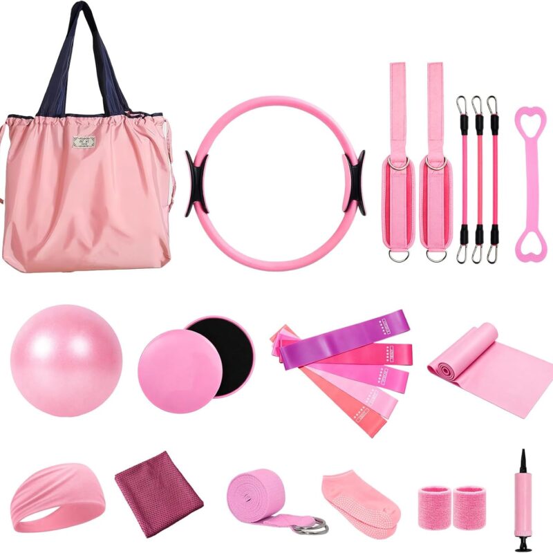 24Pcs Pilates Equipment Home Pilates Kit with 12" Pilates Ring, Yoga Ball, 5 Resistance Bands, Ankle Strap Bands, Gliding Discs, Toning Bar, Stretch Strap, Socks, Workout Set for Full Body Training
