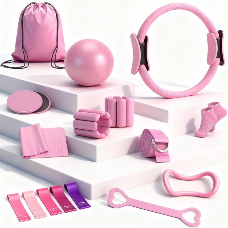 Pilates Equipment Kit for Home Workouts - 18pcs Set- 14'' Pilates Ring and Ball Set for Women, Pilates/Yoga Accessories Kit with Wrist Weights, Resistance Bands, Core Sliders, Yoga Strap