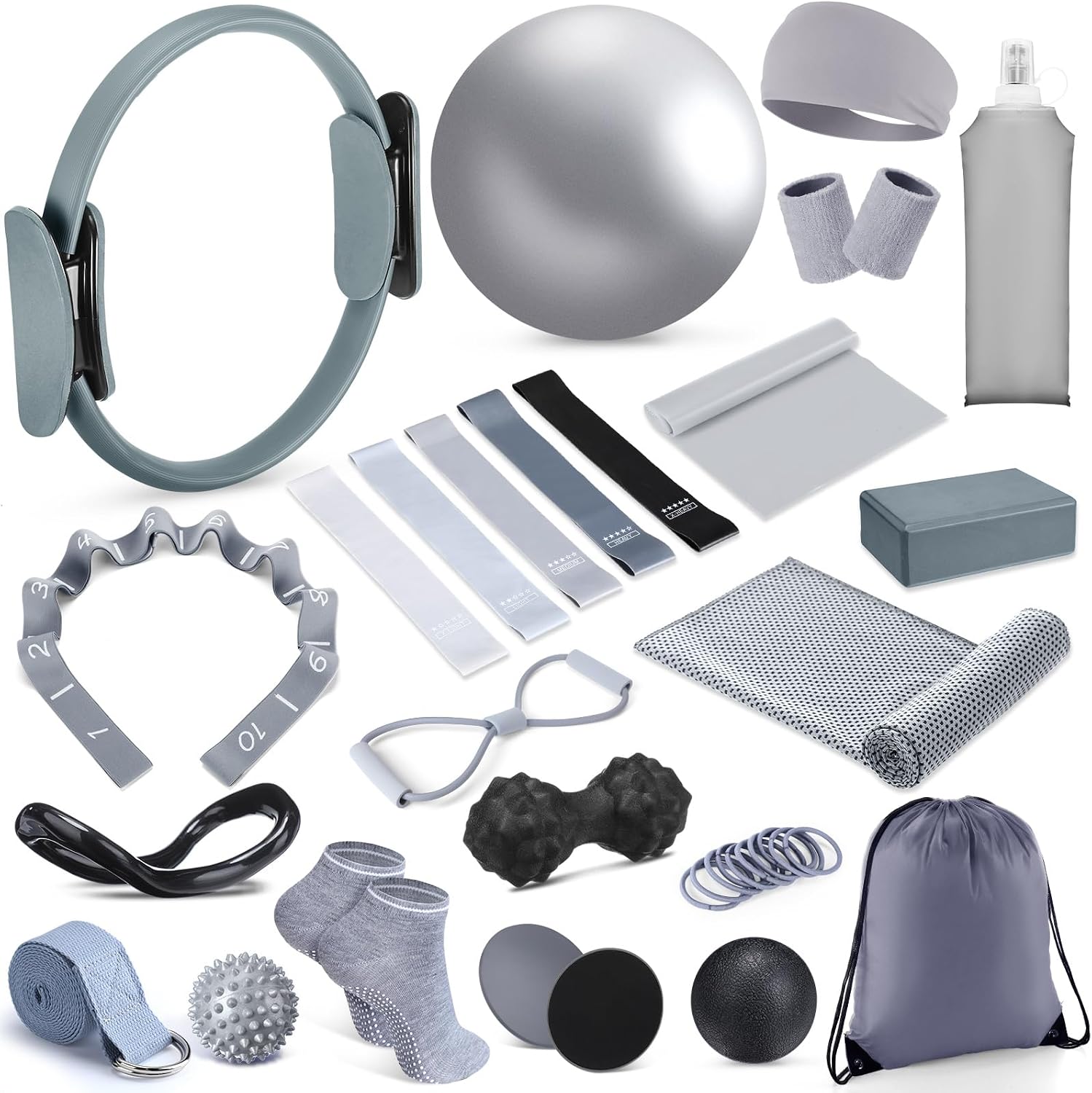 24 Pcs Pilates Kit, Home Pilate Equipment for Women, Pilates Ring and Ball Set with Stretching Strap, Water Bottle, Magic Circle, Yoga Ring, Gym Bag, Resistance Band, Anti Slip Sock