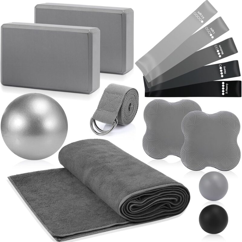 14 Pcs Yoga Kits for Home Workouts Pilates Equipment Set for Women Beginners, Hot Yoga Towel Blocks Strap, Knee Pad, Resistance Loop Exercise Band, Massage Lacrosse Ball, Pilates Ball
