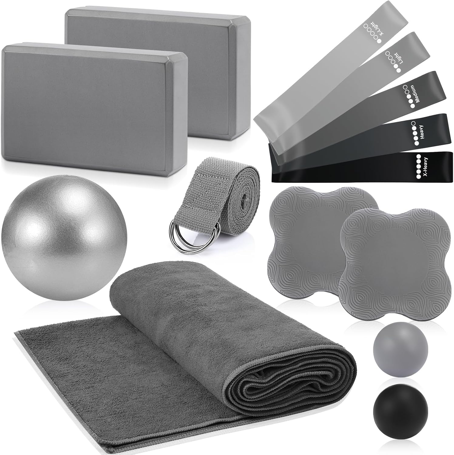 14 Pcs Yoga Kits for Home Workouts Pilates Equipment Set for Women Beginners, Hot Yoga Towel Blocks Strap, Knee Pad, Resistance Loop Exercise Band, Massage Lacrosse Ball, Pilates Ball