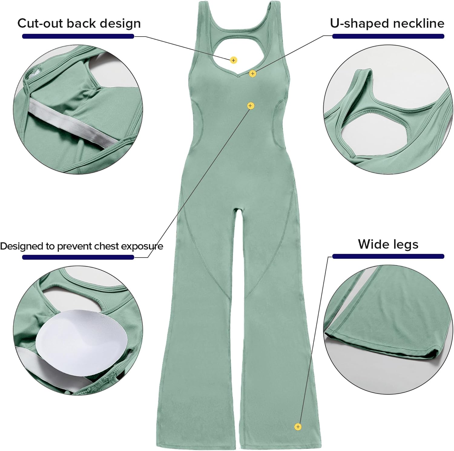 Women Flare Jumpsuit with Bra Tummy Control Cutout Romper Workout Outfit Sleeveless Unitard One Piece Backless Bodysuit - Image 2
