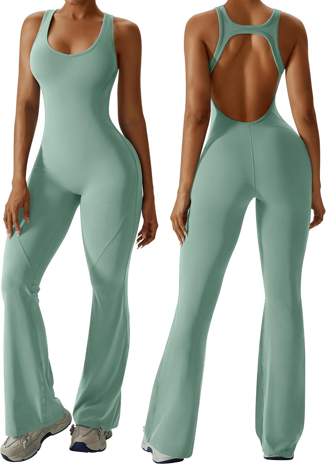Women Flare Jumpsuit with Bra Tummy Control Cutout Romper Workout Outfit Sleeveless Unitard One Piece Backless Bodysuit