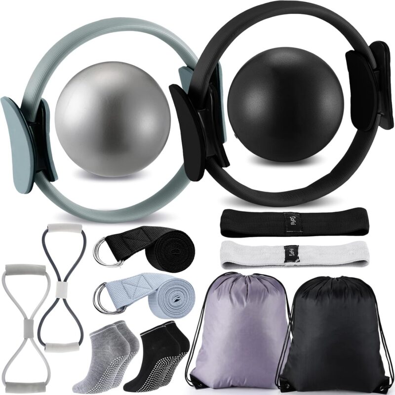 Pilates Equipment Kit for Home Workout Pilates Ring and Ball Set for Women 12'' Circle Yoga Fitness Essentials Kit with Resistance Bands, Yoga Strap, Socks,Bag