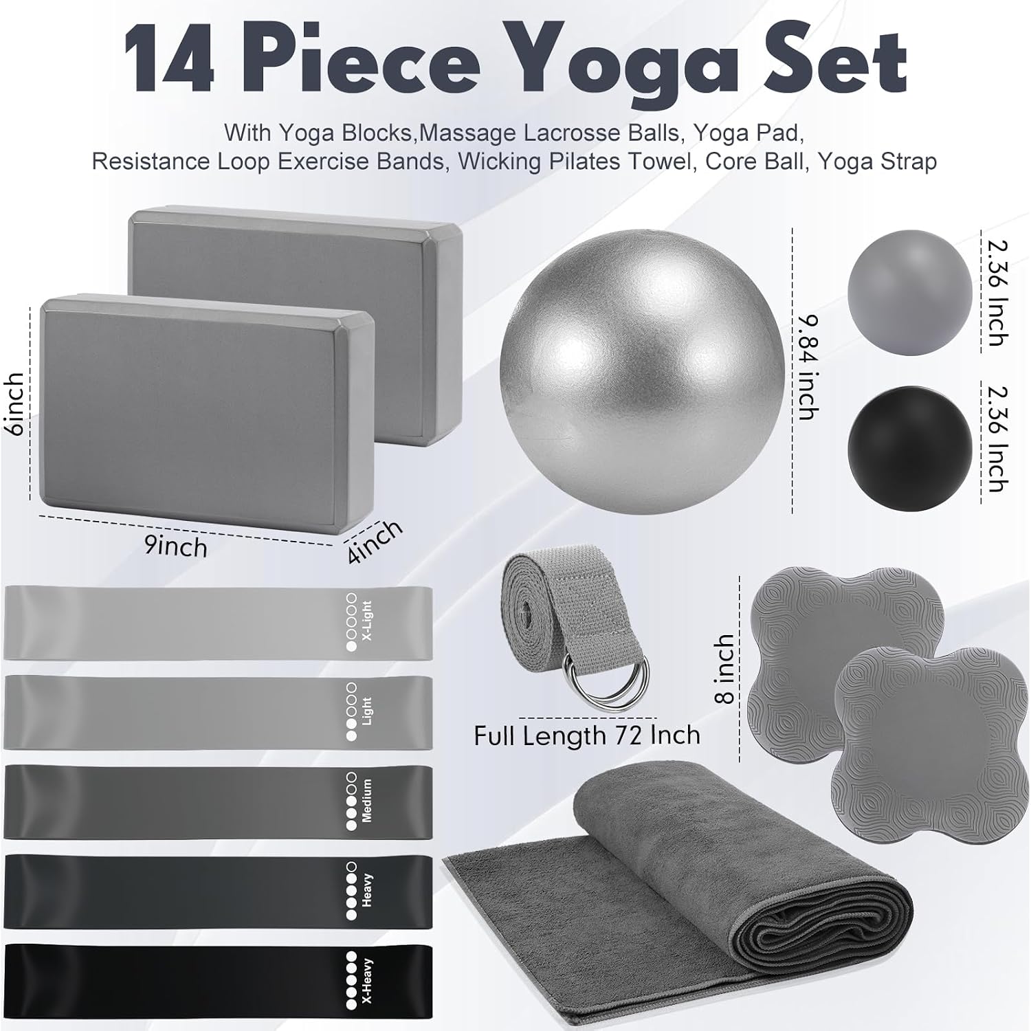 14 Pcs Yoga Kits for Home Workouts Pilates Equipment Set for Women Beginners, Hot Yoga Towel Blocks Strap, Knee Pad, Resistance Loop Exercise Band, Massage Lacrosse Ball, Pilates Ball - Image 2